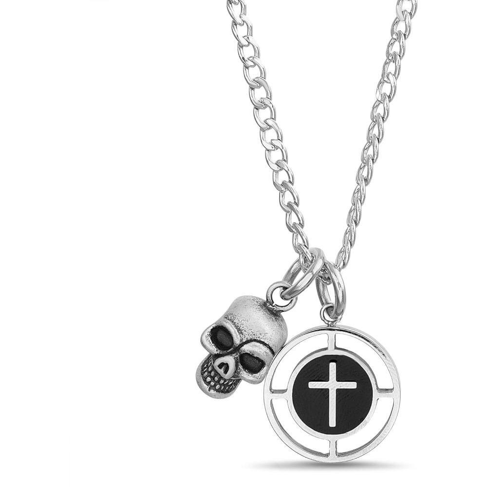 imageTrue Religion Skull Black Cross Circle Pendant 22 Inch Long Chain Necklace for Men Stainless Steel