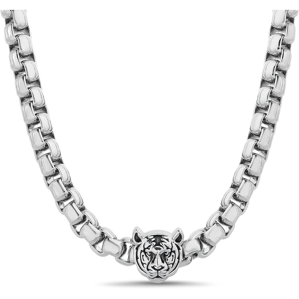 imageTrue Religion Tiger Head Pendant 22 Inch Long 6mm Thick Box Chain Necklace for Men Rhodium Plated Brass