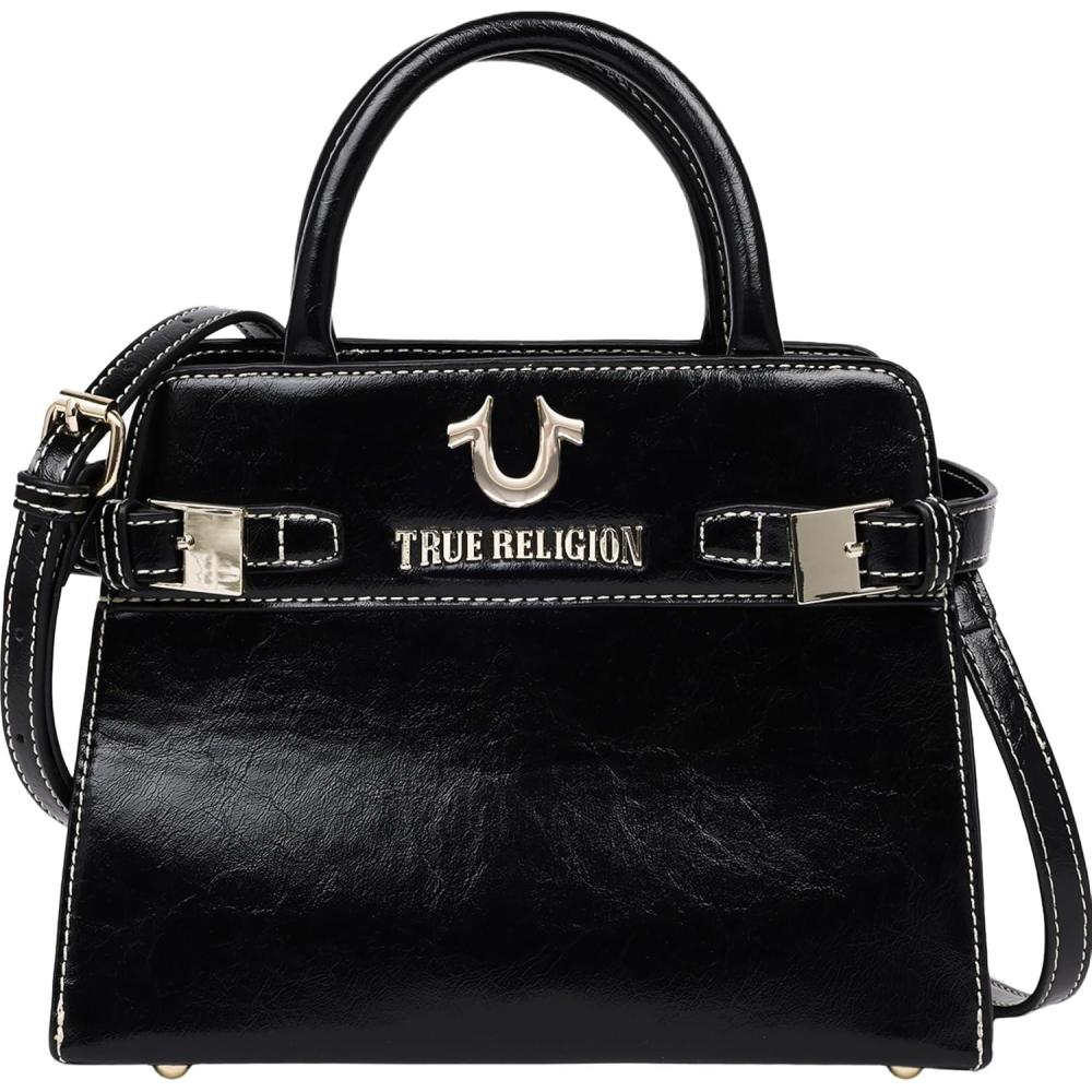 imageTrue Religion Tote Bag Buckle Tab Structured Purse with Detachable Strap Contrast Stitching and Silver HardwareBlack