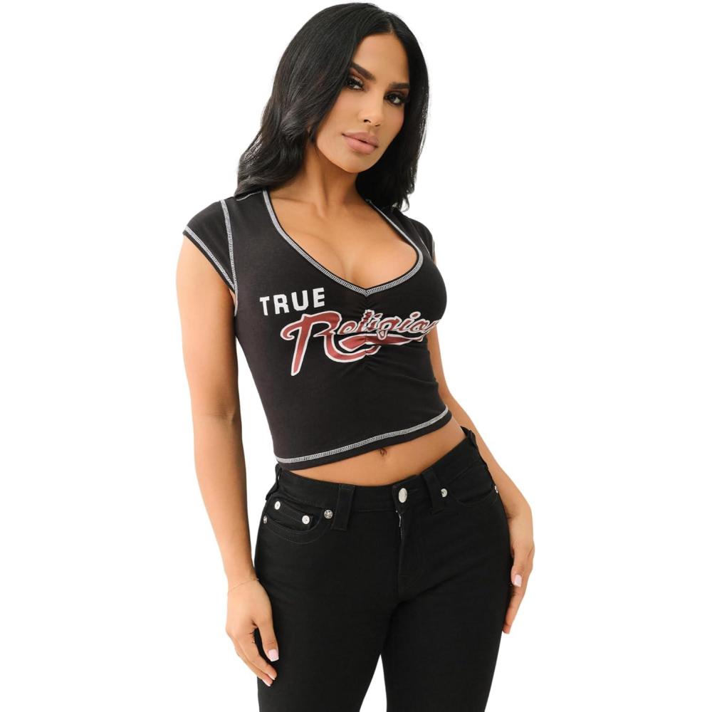 imageTrue Religion Womens TR Ruching Cap Sleeves Top Fitted Short Sleeve ShirtJet Black
