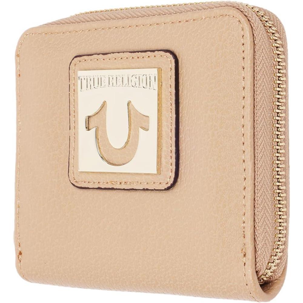 imageTrue Religion ZipAround Wallet Womens Horseshoe Plaque Mini Credit Card Holder Wallet Tan