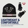 True Religion Beanie Hat and Gloves Set, Cuffed Winter Knit Cap with Stitched Yarn Horseshoe Logo and Fleece Lined Mittens(Black)