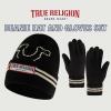 True Religion Beanie Hat and Gloves Set, Cuffed Winter Knit Cap with Stitched Yarn Horseshoe Logo and Fleece Lined Mittens(Black)