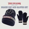 True Religion Beanie Hat and Gloves Set, Cuffed Winter Knit Cap with Stitched Yarn Horseshoe Logo and Fleece Lined Mittens(Navy)