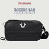 True Religion Camera Bag, Double-Zip Horseshoe Crossbody Purse with Adjustable Strap, Embossed Logo and Silver Hardware, Black
