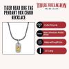 True Religion Cubic Zirconia Tiger Head Dog Tag Pendant 22 Inch Long Thick Box Chain Necklace for Men Black Rhodium Plated Brass