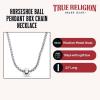 True Religion Horseshoe Ball Pendant 22 Inch Long Thick Box Chain Necklace for Men Rhodium Plated Brass