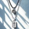 True Religion Horseshoe Black Cross Dog Tag Pendant 22 Inch Long Chain Necklace for Men Stainless Steel
