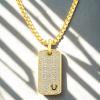 True Religion Pave Cubic Zirconia Dog Tag Pendant 22 Inch Long Thick Box Chain Necklace for Men 14K Yellow Gold Plated Brass