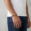 True Religion Simulated Black Leather Horseshoe 12mm Thick Braded ID Style 9 Inch Long Bracelet for Men 14K Yellow Gold Plated Brass