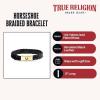True Religion Simulated Black Leather Horseshoe 12mm Thick Braded ID Style 9 Inch Long Bracelet for Men 14K Yellow Gold Plated Brass