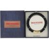 True Religion Simulated Black Leather Horseshoe 12mm Thick Braded ID Style 9 Inch Long Bracelet for Men 14K Yellow Gold Plated Brass