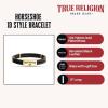 True Religion Simulated Black Leather Horseshoe ID Style 9 Inch Bracelet for Men 14K Yellow Gold Plated Brass