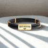 True Religion Simulated Black Leather Horseshoe ID Style 9 Inch Bracelet for Men 14K Yellow Gold Plated Brass