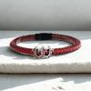 True Religion Simulated Red Leather Double Horseshoe 9 Inch Long Bracelet for Men Stainless Steel