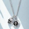 True Religion Skull Black Cross Circle Pendant 22 Inch Long Chain Necklace for Men Stainless Steel