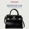 True Religion Tote Bag, Buckle Tab Structured Purse with Detachable Strap, Contrast Stitching and Silver Hardware(Black)