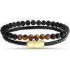 True Religion Beaded Simulated Black Leather 8.5 Inch Double Row Bracelet for Men(Yellow)