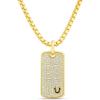 True Religion Pave Cubic Zirconia Dog Tag Pendant 22 Inch Long Thick Box Chain Necklace for Men 14K Yellow Gold Plated Brass