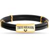 True Religion Simulated Black Leather Horseshoe ID Style 9 Inch Bracelet for Men 14K Yellow Gold Plated Brass