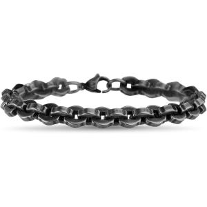 True Religion 8mm Wide 8 Inch Rolo Chain Bracelet for Men Black Rhodium Plated Stainless Steel