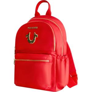 True Religion Backpack, Zip pocket, Horseshoe Logo Travel Bag, Black(Red)