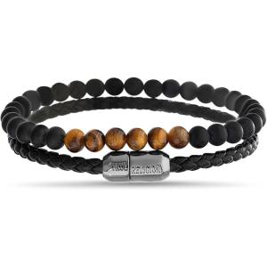 True Religion Beaded Simulated Black Leather 8.5 Inch Double Row Bracelet for Men(Black)