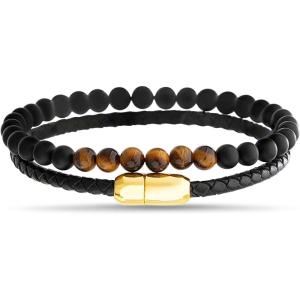True Religion Beaded Simulated Black Leather 8.5 Inch Double Row Bracelet for Men(Yellow)
