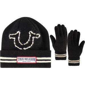 True Religion Beanie Hat and Gloves Set, Cuffed Winter Knit Cap with Stitched Yarn Horseshoe Logo and Fleece Lined Mittens(Black)