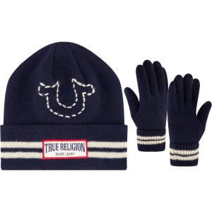 True Religion Beanie Hat and Gloves Set, Cuffed Winter Knit Cap with Stitched Yarn Horseshoe Logo and Fleece Lined Mittens(Navy)