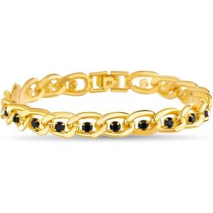 True Religion Black Cubic Zirconia 9 Inch Long Curb Chain Bracelet for Men 14K Yellow Gold Plated Brass