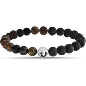 True Religion Black Horseshoe Bead 8 Inch Long Stretch Bracelet for Men Stainless Steel