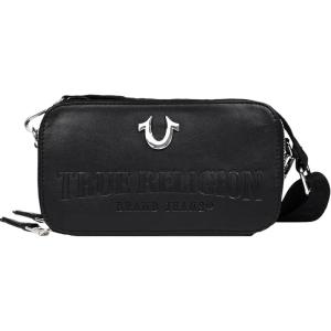 True Religion Camera Bag, Double-Zip Horseshoe Crossbody Purse with Adjustable Strap, Embossed Logo and Silver Hardware, Black