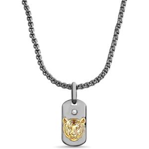 True Religion Cubic Zirconia Tiger Head Dog Tag Pendant 22 Inch Long Thick Box Chain Necklace for Men Black Rhodium Plated Brass