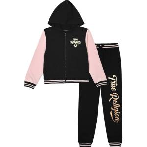 True Religion Girls 2 Piece Fleece Hooded Jogger Set – Zip-Front Hoodie & Sweatpants Outfit(Black Varsity)