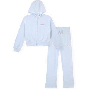 True Religion Girls 2 Piece Fleece Hooded Jogger Set – Zip-Front Hoodie & Sweatpants Outfit(Dusty Blue)