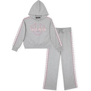True Religion Girls 2 Piece Fleece Hooded Jogger Set – Zip-Front Hoodie & Sweatpants Outfit(Grey Taping)