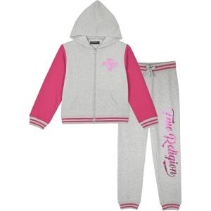 True Religion Girls 2 Piece Fleece Hooded Jogger Set – Zip-Front Hoodie & Sweatpants Outfit(Grey Varsity)
