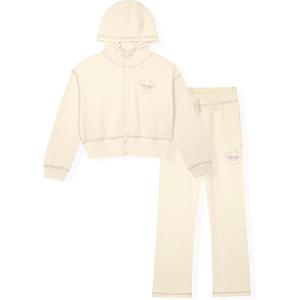 True Religion Girls 2 Piece Fleece Hooded Jogger Set – Zip-Front Hoodie & Sweatpants Outfit(Winter White)