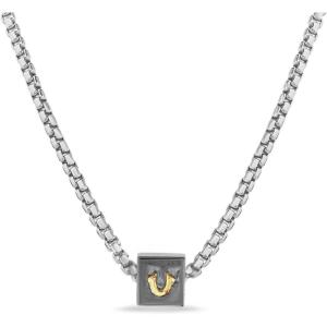 True Religion Horseshoe Pendant 22 Inch Long 3mm Thick Box Chain Necklace for Men Rhodium Plated Brass