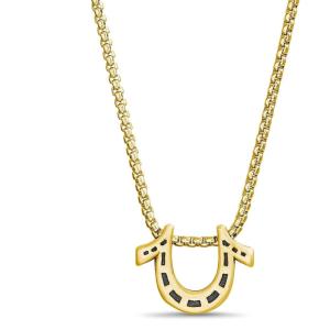 True Religion Horseshoe Pendant 22 Inch Long Thick Box Chain Necklace for Men 14K Yellow Gold Plated Brass