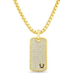 True Religion Pave Cubic Zirconia Dog Tag Pendant 22 Inch Long Thick Box Chain Necklace for Men 14K Yellow Gold Plated Brass