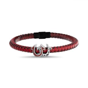 True Religion Simulated Red Leather Double Horseshoe 9 Inch Long Bracelet for Men Stainless Steel