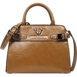 True Religion Tote Bag, Buckle Tab Structured Purse with Detachable Strap, Contrast Stitching and Silver Hardware(Camel)
