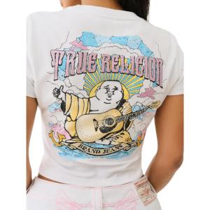 True Religion Women’s Crystal Buddha Baby Tee – Crew Neck Casual T-Shirt