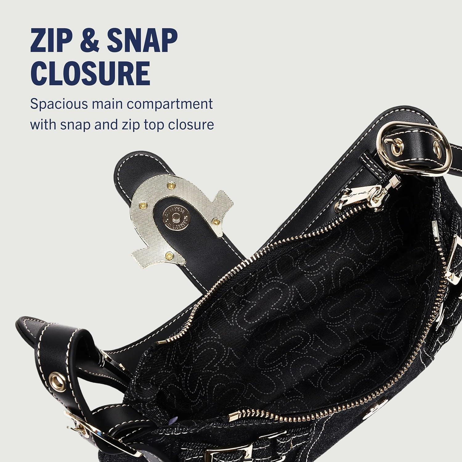 imageTrue Religion Denim Shoulder Bag Everyday Purse with Adjustable Strap Zip and Magnetic Snap Closure Black