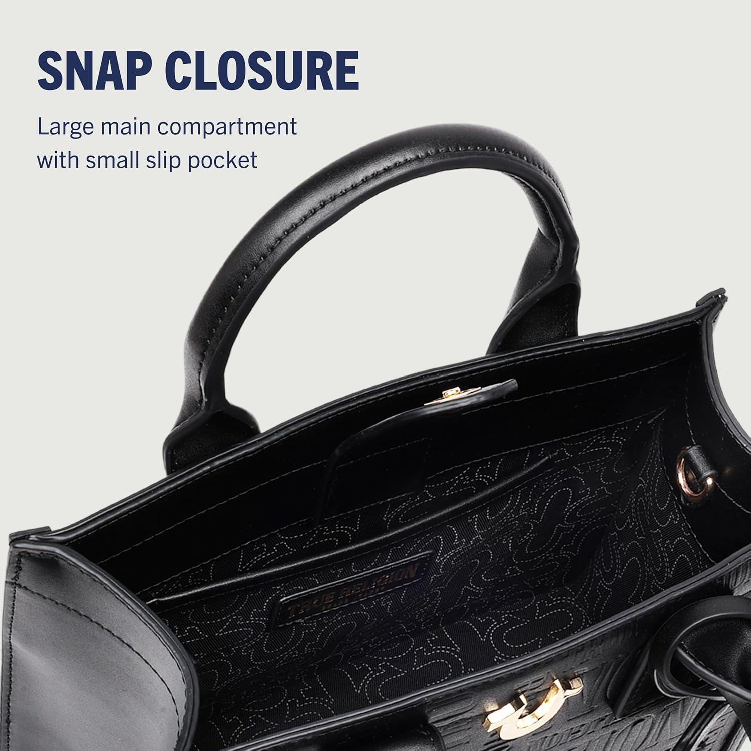 imageTrue Religion Mega Logo Modern Tote Structured Everyday Shoulder Bag Adjustable Crossbody Strap Spacious InteriorBlack