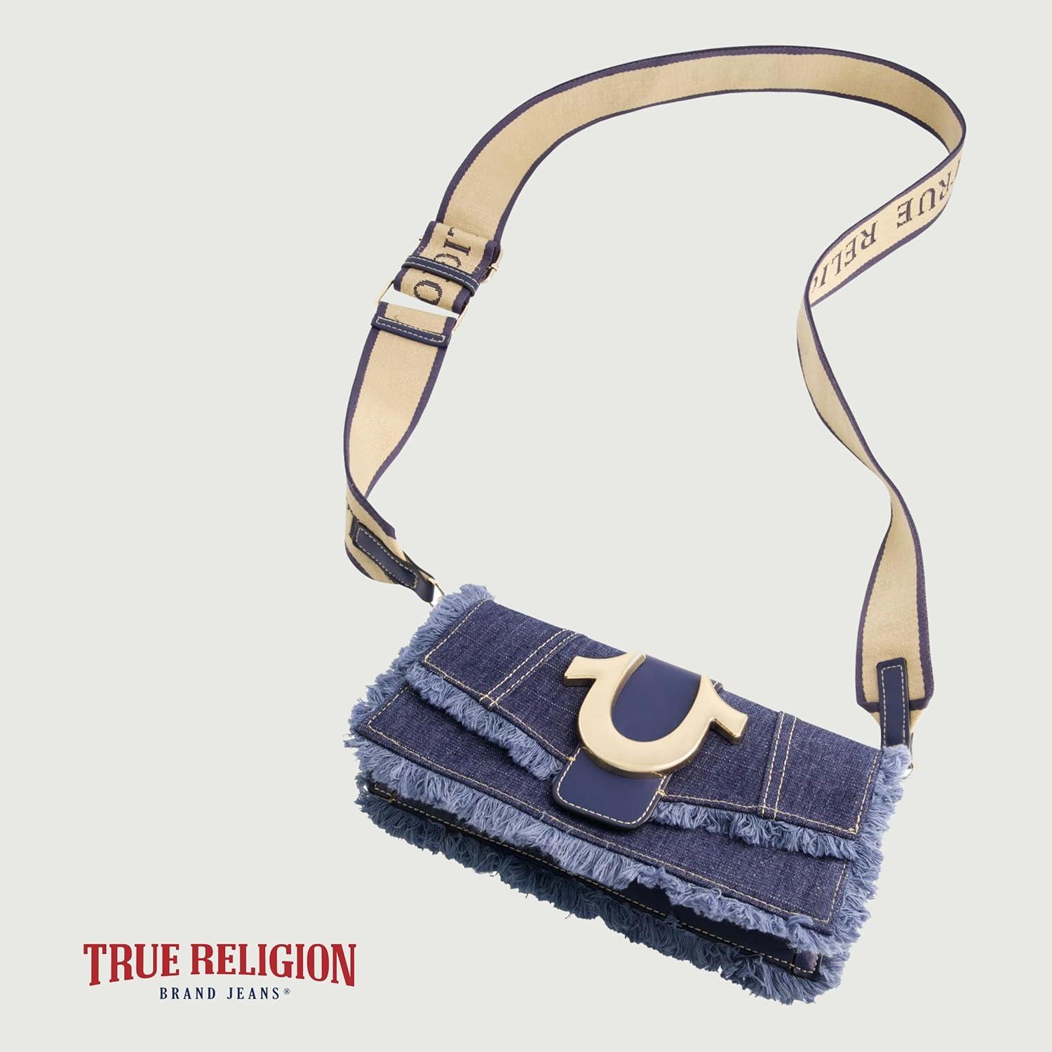imageTrue Religion Womens Shoulder Bag Purse Frayed Denim Mini Flap Crossbody Handbag with Horseshoe Logo Denim