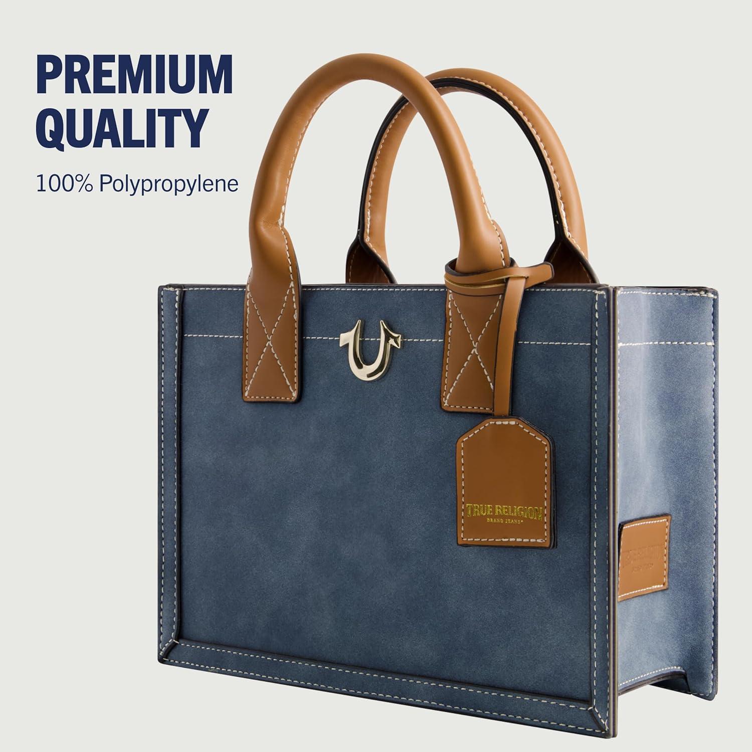 imageTrue Religion Womens Tote Bag Faux Suede Medium Travel Purse Handbag with Adjustable Shoulder Strap and Horseshoe LogoBlue