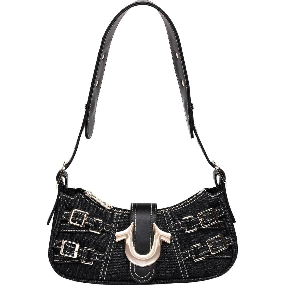 imageTrue Religion Denim Shoulder Bag Everyday Purse with Adjustable Strap Zip and Magnetic Snap Closure Black
